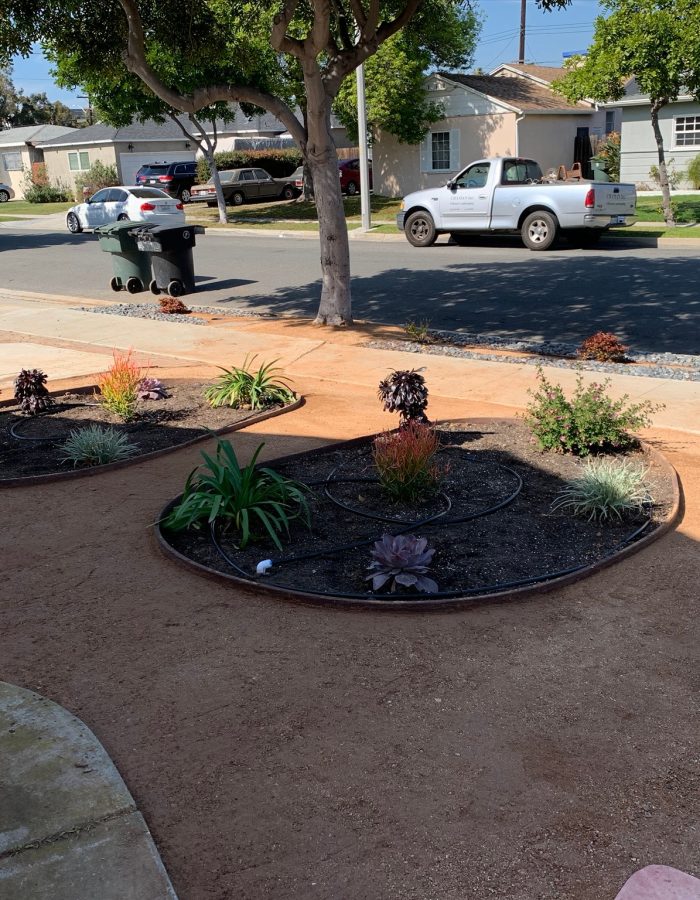 Installation of Decomposed Granite, Drip irrigation system, planters, plants and stepping stones